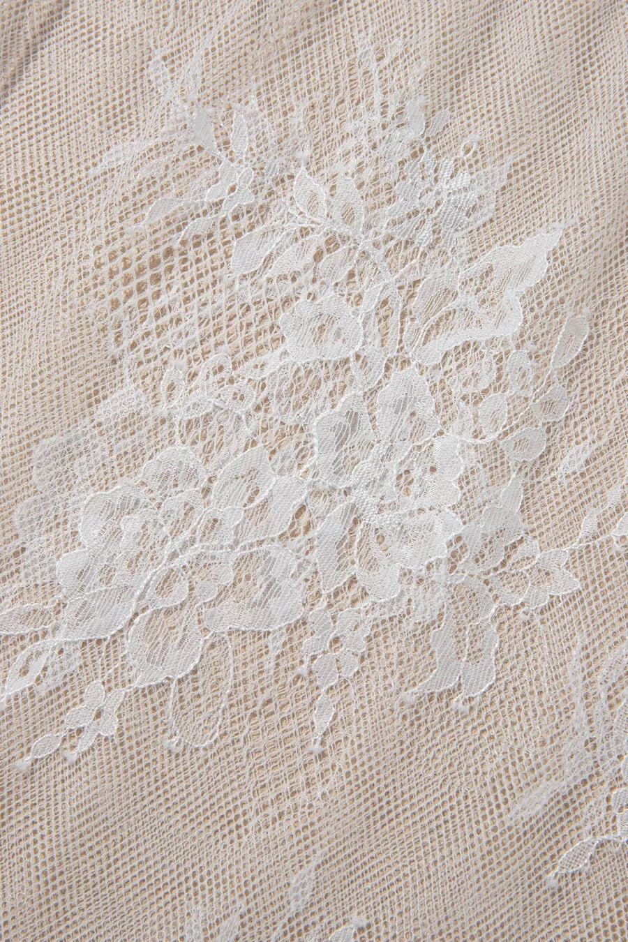 Lace-embellished midi t-shirt dress in cotton with intricate floral lace overlay.