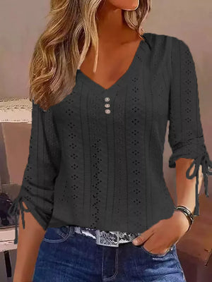 Black Full Size V-neck Eyelet Drawstring Sleeve Top