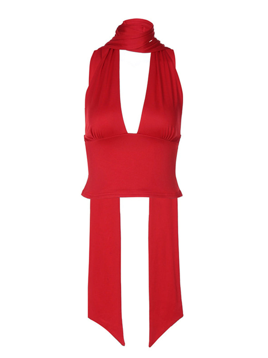 Red halter neck tie cami top with deep v-neck and adjustable ties.