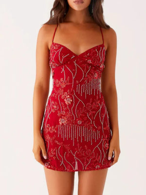 Deep Red embellished floral mini dress with beaded fringe detail.