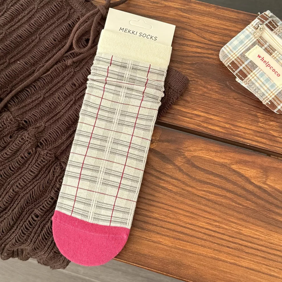 socks featuring plaid in chocolate brown with cotton Imported Size &amp texture