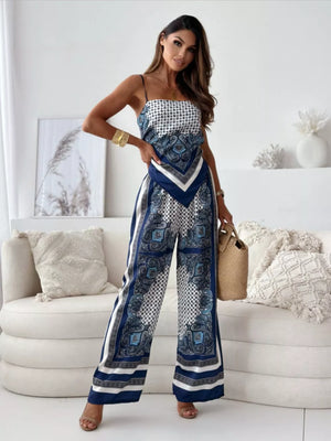 Chic printed cami and wide-leg pants set in blue and white paisley and polka dot patterns.