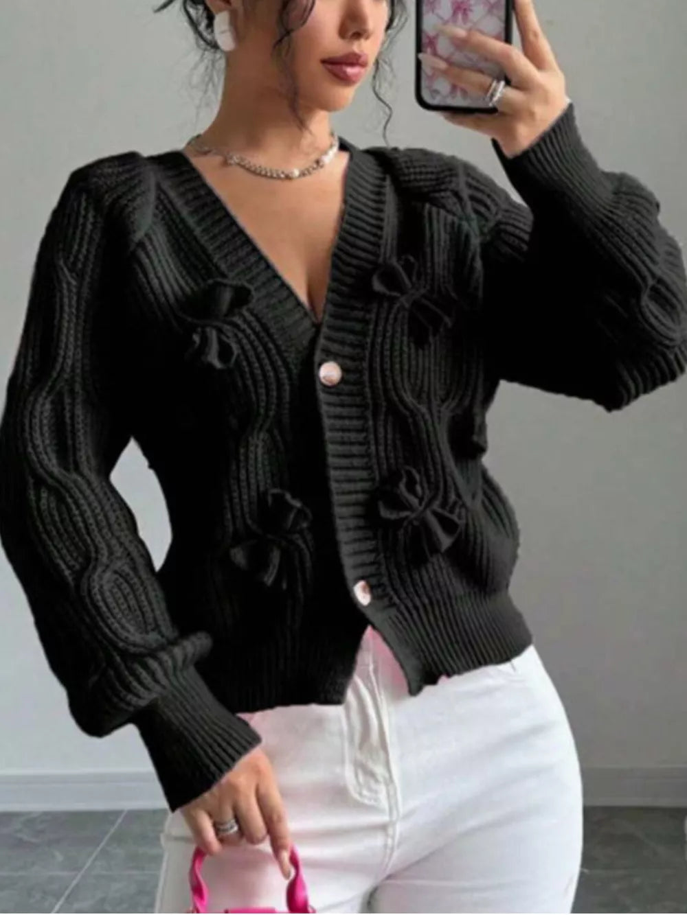 cardigan in White with cable knit and cable knit