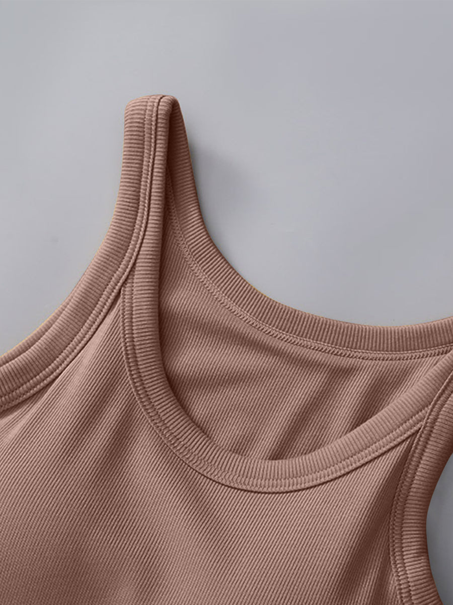 Ribbed knit tank top in Khaki with built-in bra and scoop neckline.