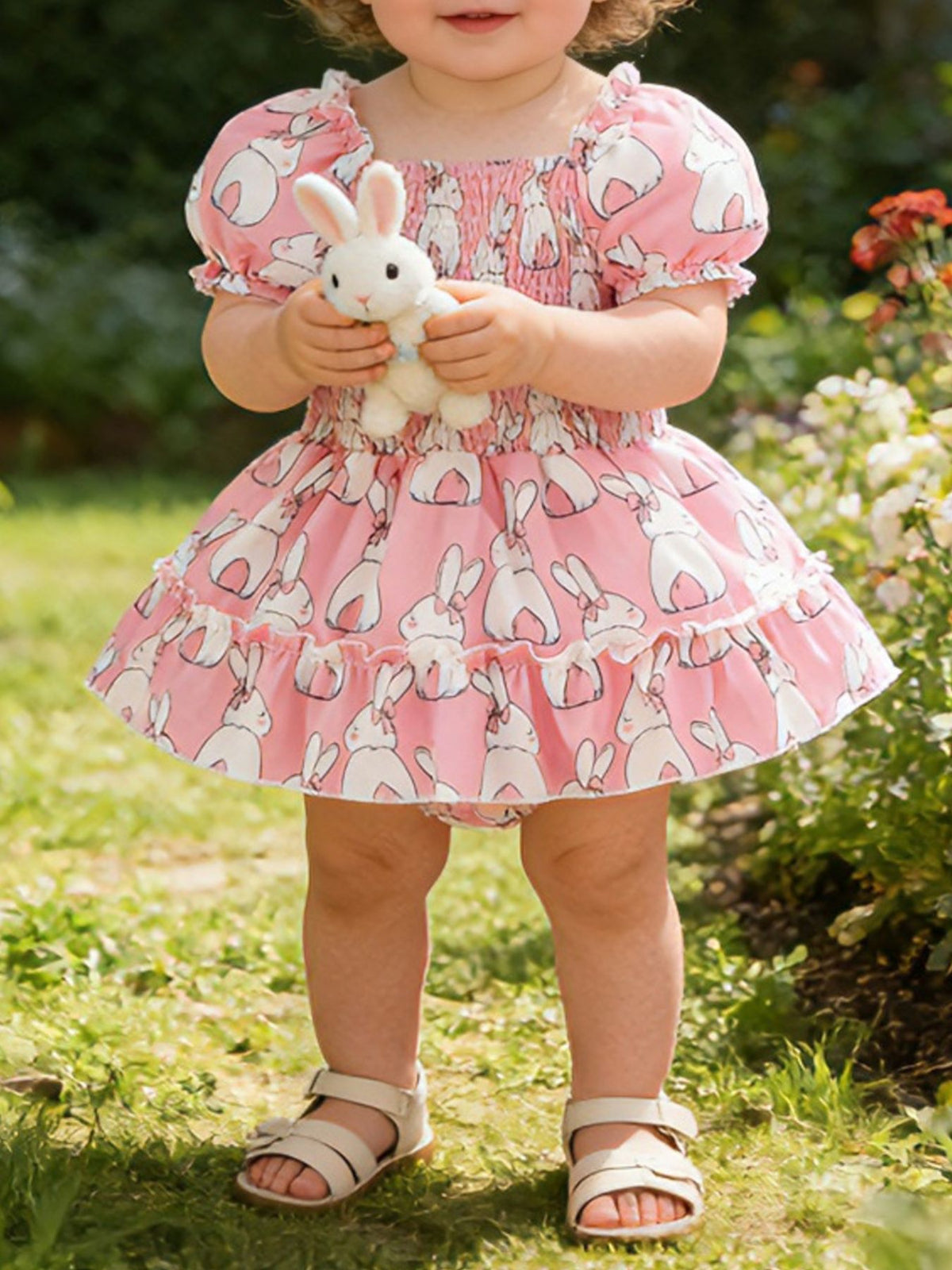 Pink bunny print baby dress with smocked bodice and ruffled hem, puff sleeves.