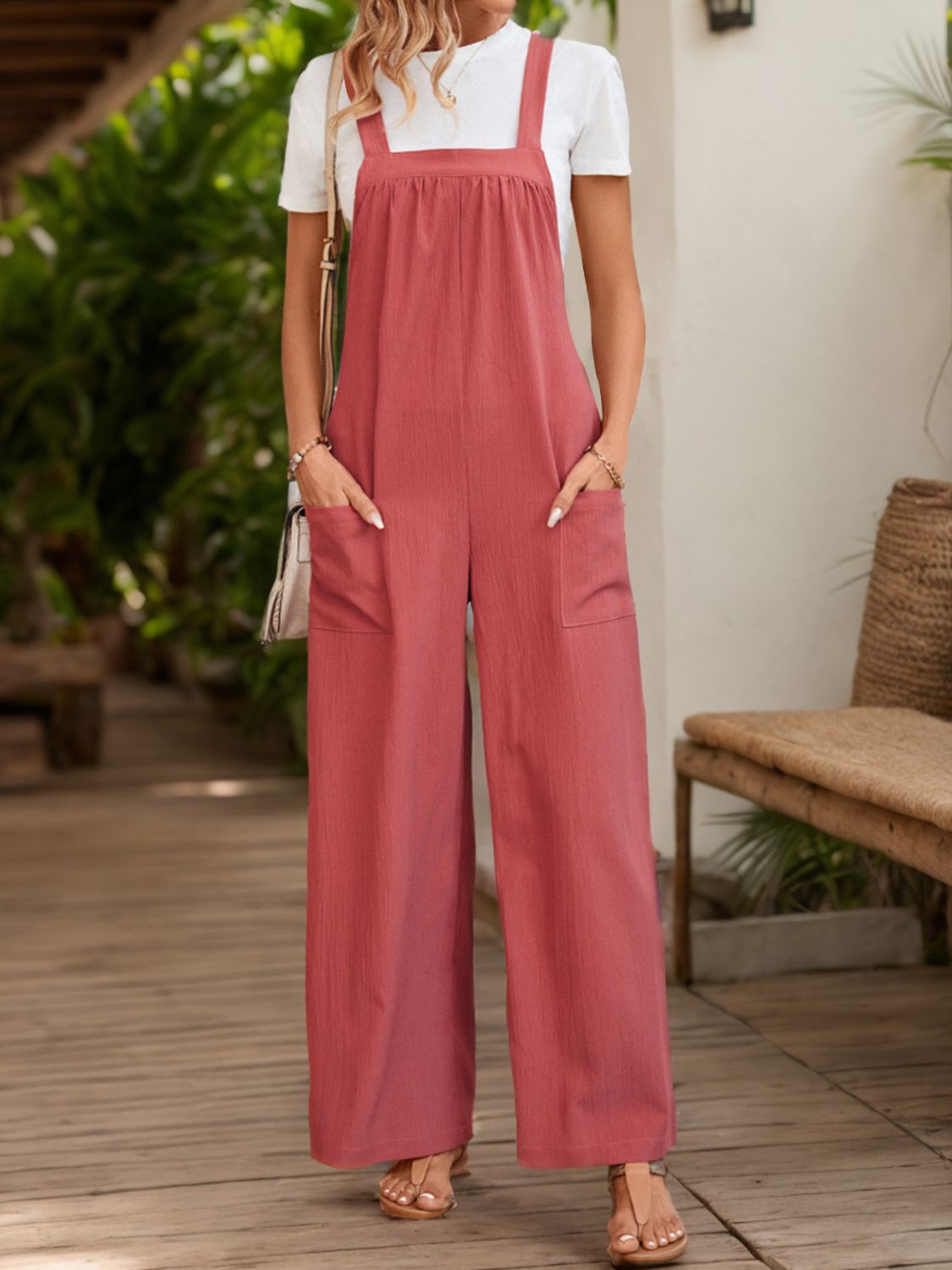 Strawberry gathered bodice wide-leg overalls with front pockets, styled with a white tee.
