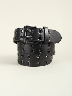 Black vegan leather belt with double row grommets and black alloy buckle.