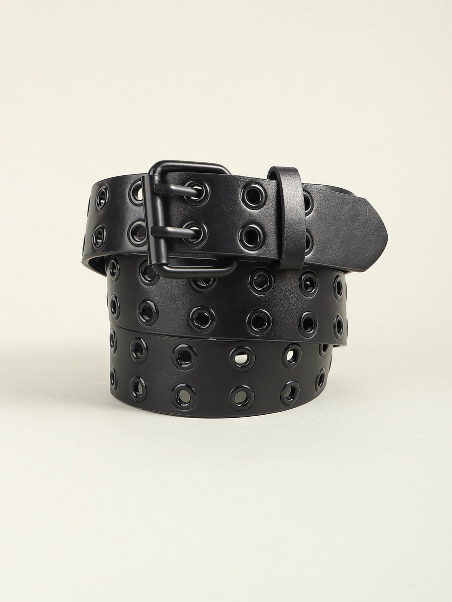 Black vegan leather belt with double row grommets and black alloy buckle.