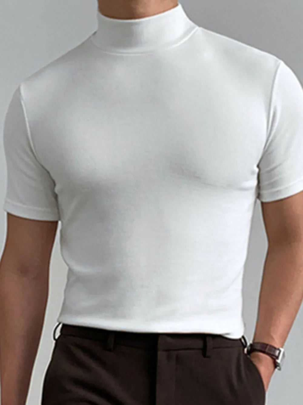 White short sleeve mock neck t-shirt with a sculpted fit.