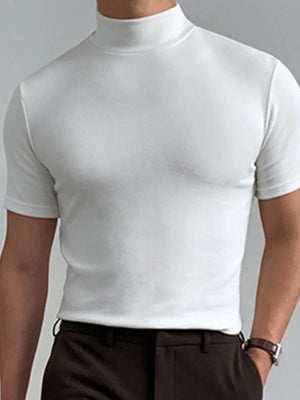 White short sleeve mock neck t-shirt with a sculpted fit.