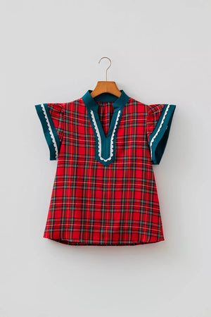 Deep Red with Plaid V Neck Short Sleeve Shift Blouse