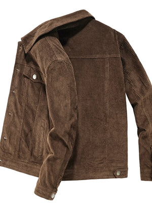 Classic corduroy button-down jacket in coffee with button closures and chest pockets.