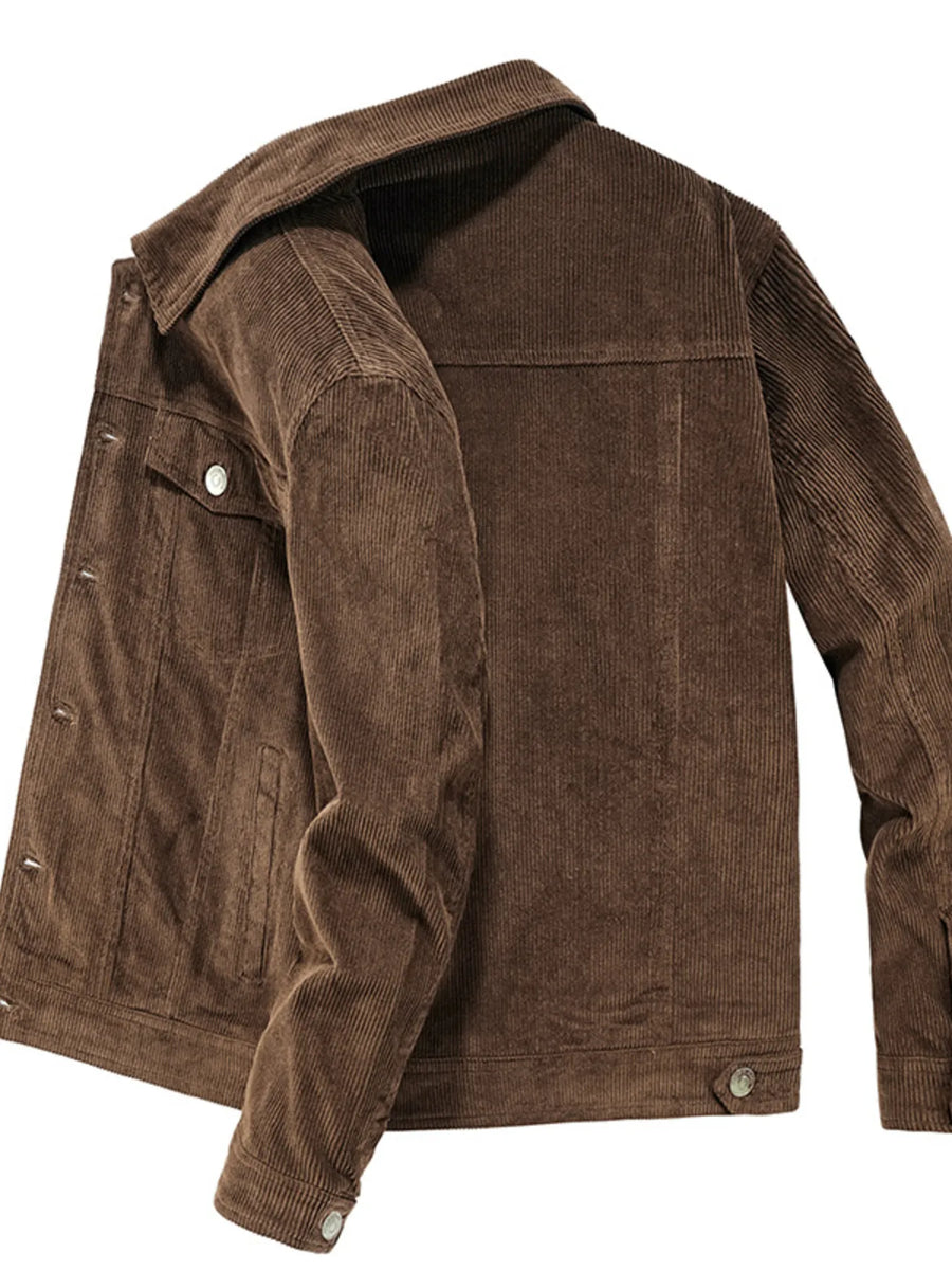 Classic corduroy button-down jacket in coffee with button closures and chest pockets.