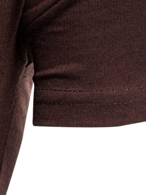Brown cotton t-shirt with ribbed texture and double-stitched hem detail.
