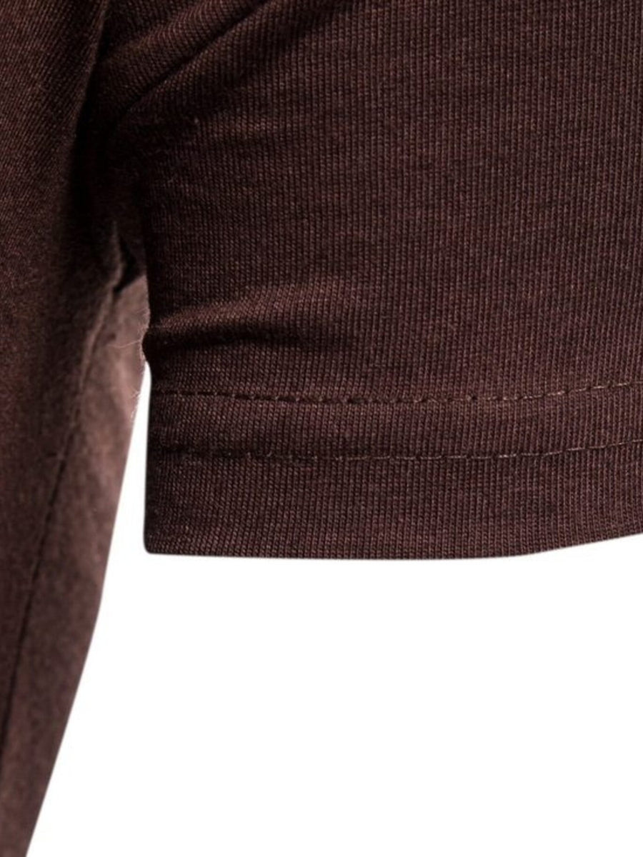 Brown cotton t-shirt with ribbed texture and double-stitched hem detail.