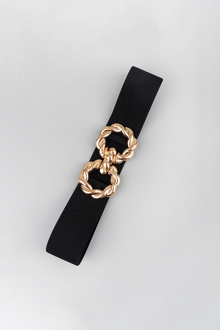 Black stretch belt with gold braided knot buckle detail