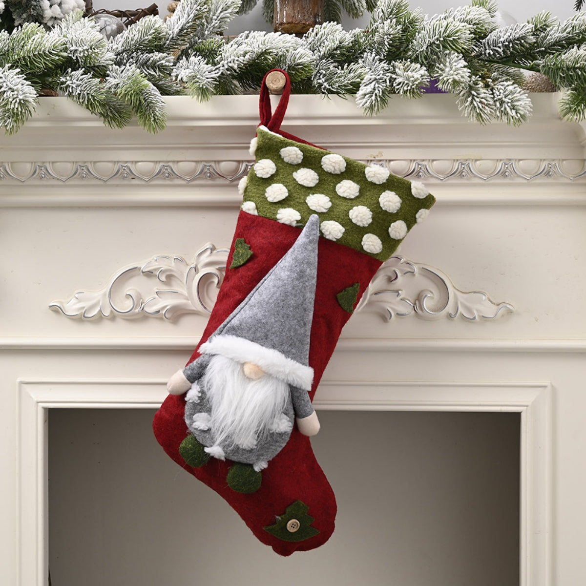 Red felt stocking with gnome applique and green polka dot cuff