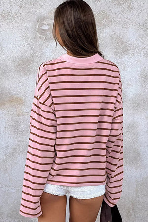 brown polo shirt featuring collared and striped