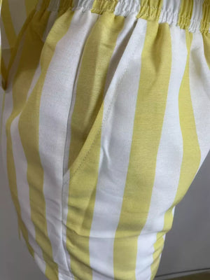 Yellow and white striped two-piece set shorts with pockets and elastic waistband.