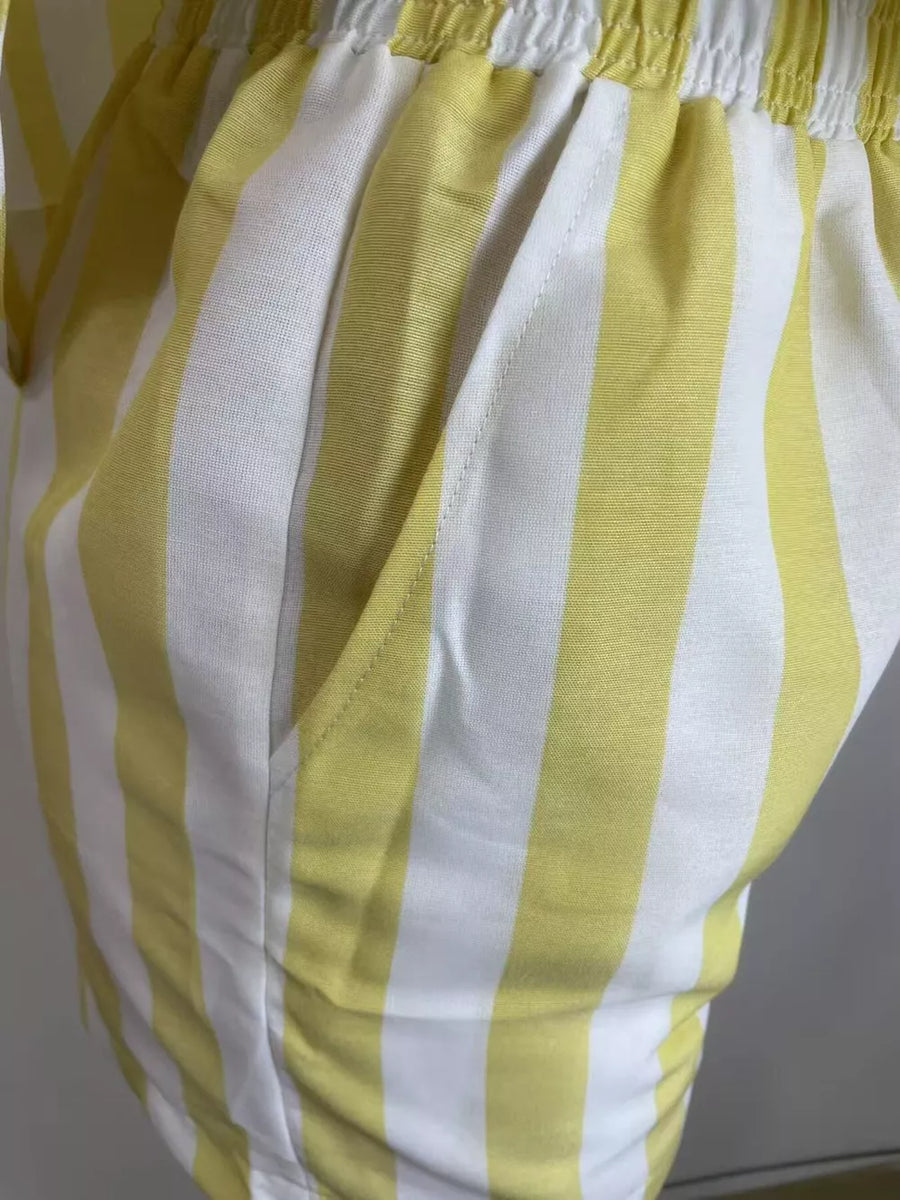 Yellow and white striped two-piece set shorts with pockets and elastic waistband.