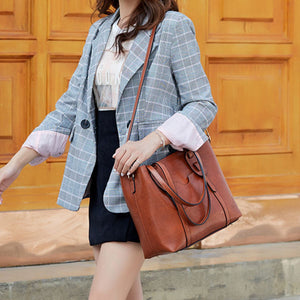 PU Leather Imported Size &amp tote in Caramel with boxy silhouette