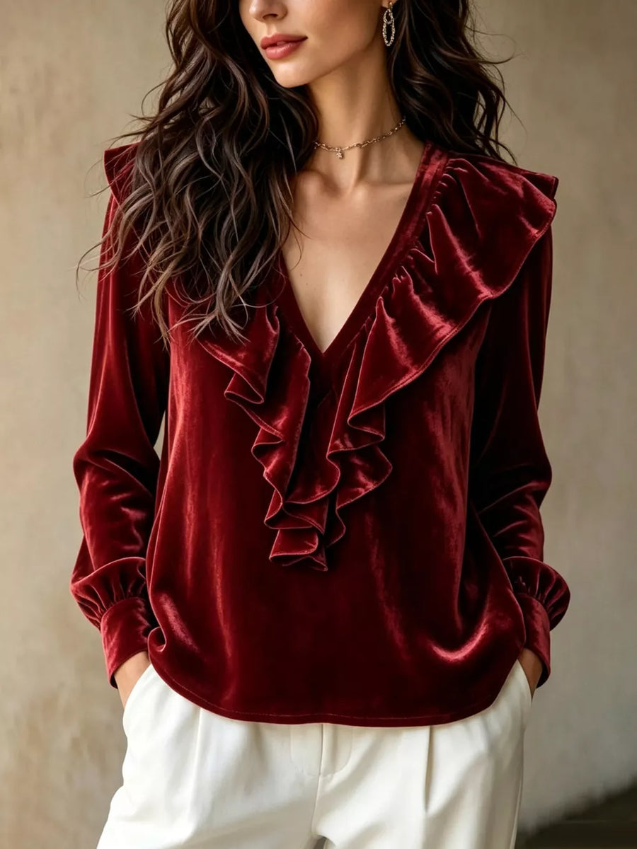 Burgundy V-neck Long-sleeve Top