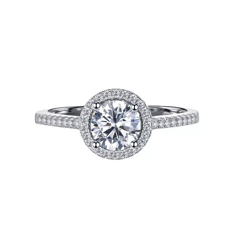 1 Carat Moissanite 925 Sterling Silver Ring in white with halo setting