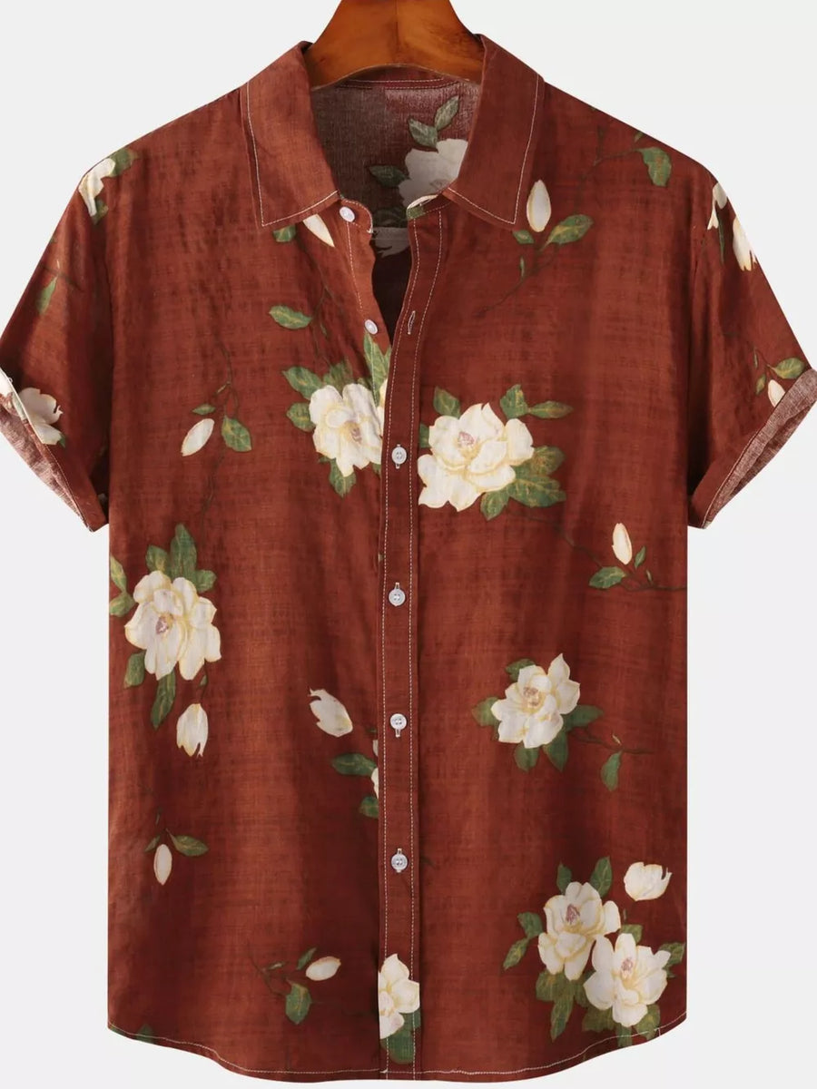 Camel Men's Plus Size Floral Print Short Sleeve Shirt