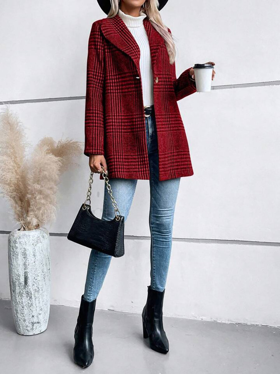 Crimson plaid single-button tailored overcoat with lapel collar and long sleeves.