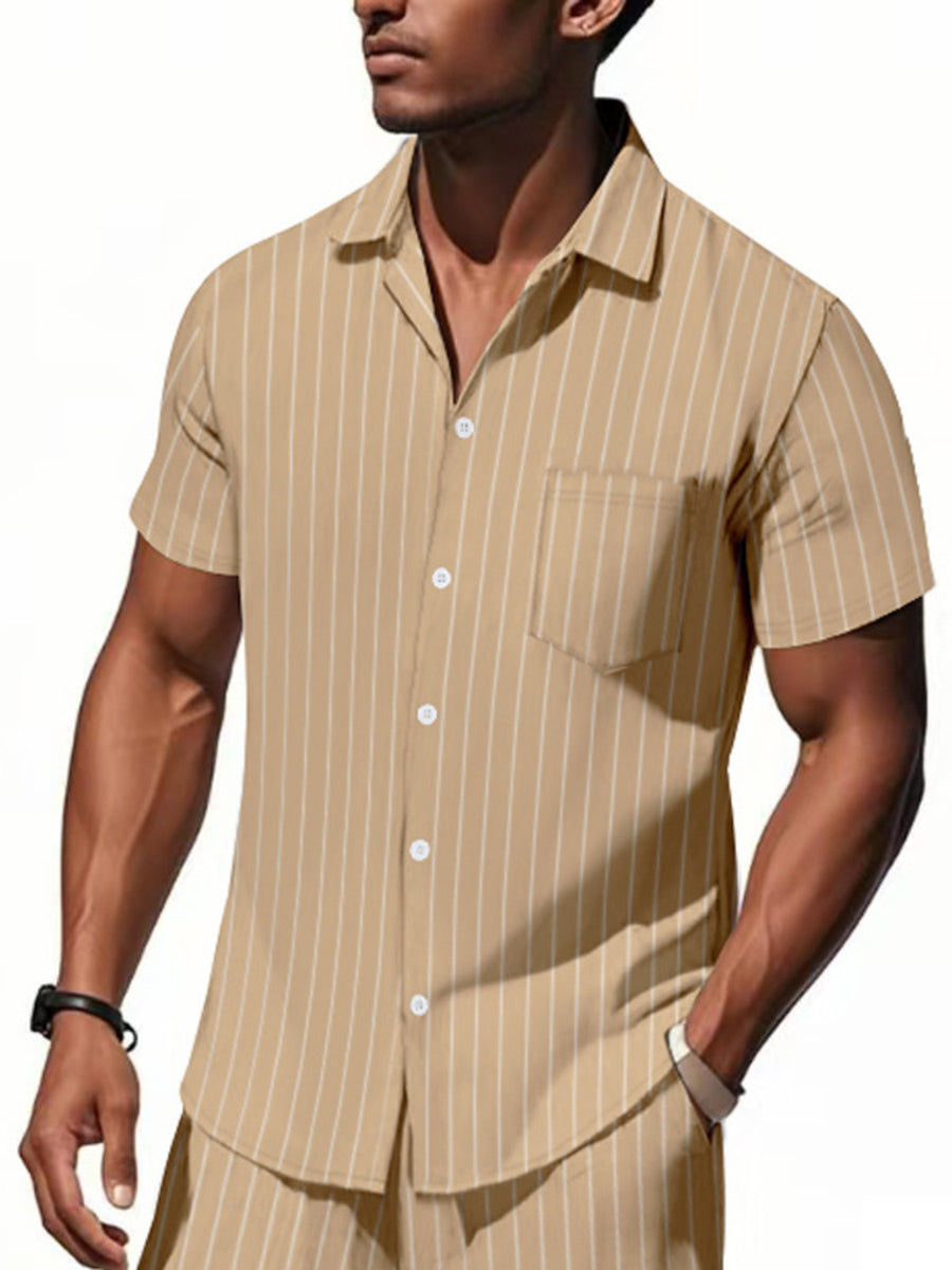 Khaki striped cotton camp collar shirt with short sleeves and a chest pocket.