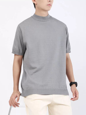 Men's medium gray mock neck short sleeve knit t-shirt with ribbed hem.