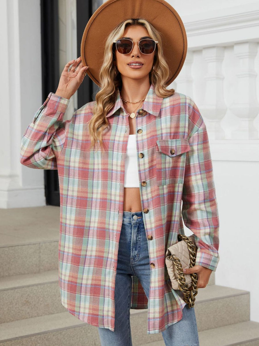 Oversized pastel plaid shacket with button front and chest pockets, worn open over a white top.