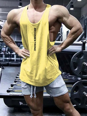 BecomeStrong Slub Tank top in Canary Yellow with vertical text detail.