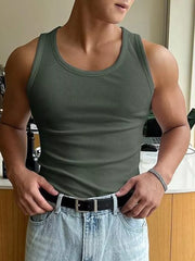 Men's ribbed tank top in green, with a crew neck and body-hugging fit.