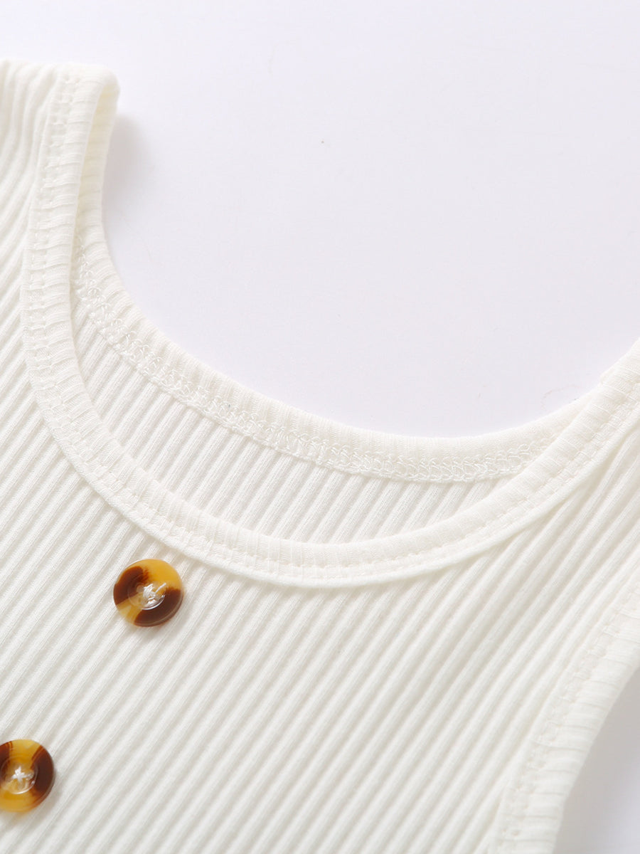 Toddler ribbed tank top in white with tortoise shell buttons