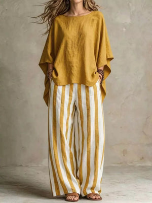 Earthy Yellow Solid Color Top And Pants Two-piece Set Plus Size