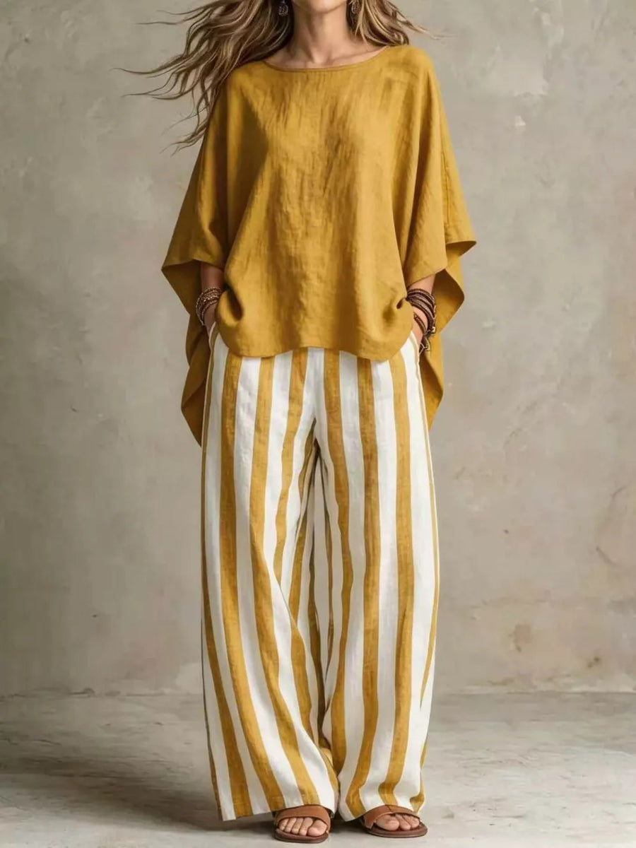 Earthy Yellow Solid Color Top And Pants Two-piece Set Plus Size