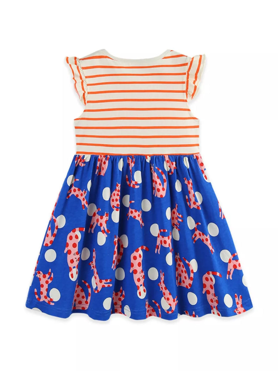 Toddler cotton dress with orange stripes and cat print skirt.