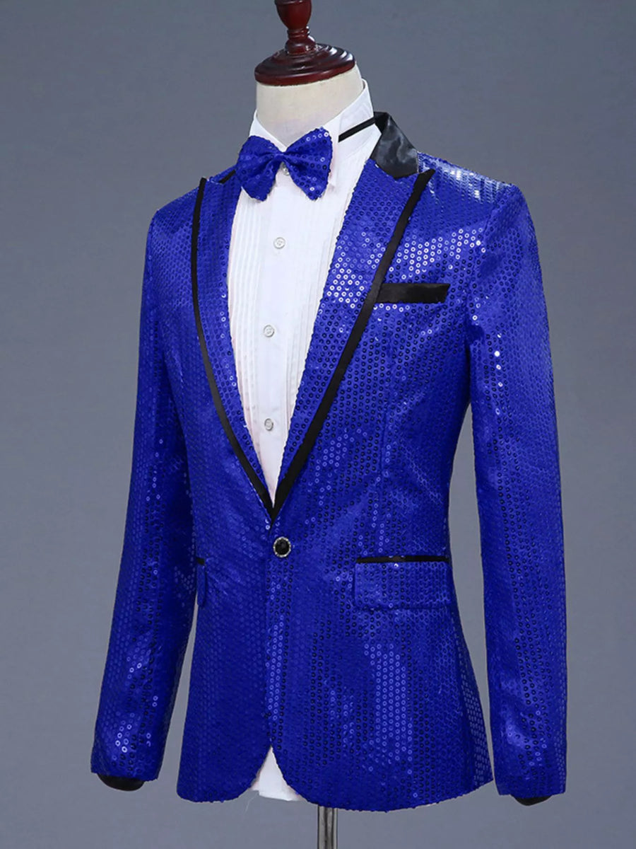 Men's blue sequin one button tuxedo blazer with black lapels and pocket trim.