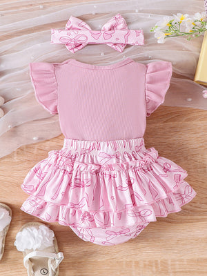 Pink baby bodysuit with ruffled sleeves and bowknot print skort, includes matching headband.
