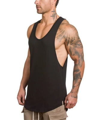 Black scoop neck muscle tank top with deep armholes and curved hem.