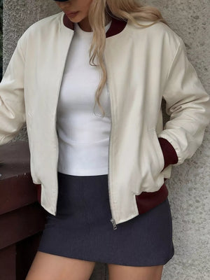 White with Contrast Trim Zip Up Jacket