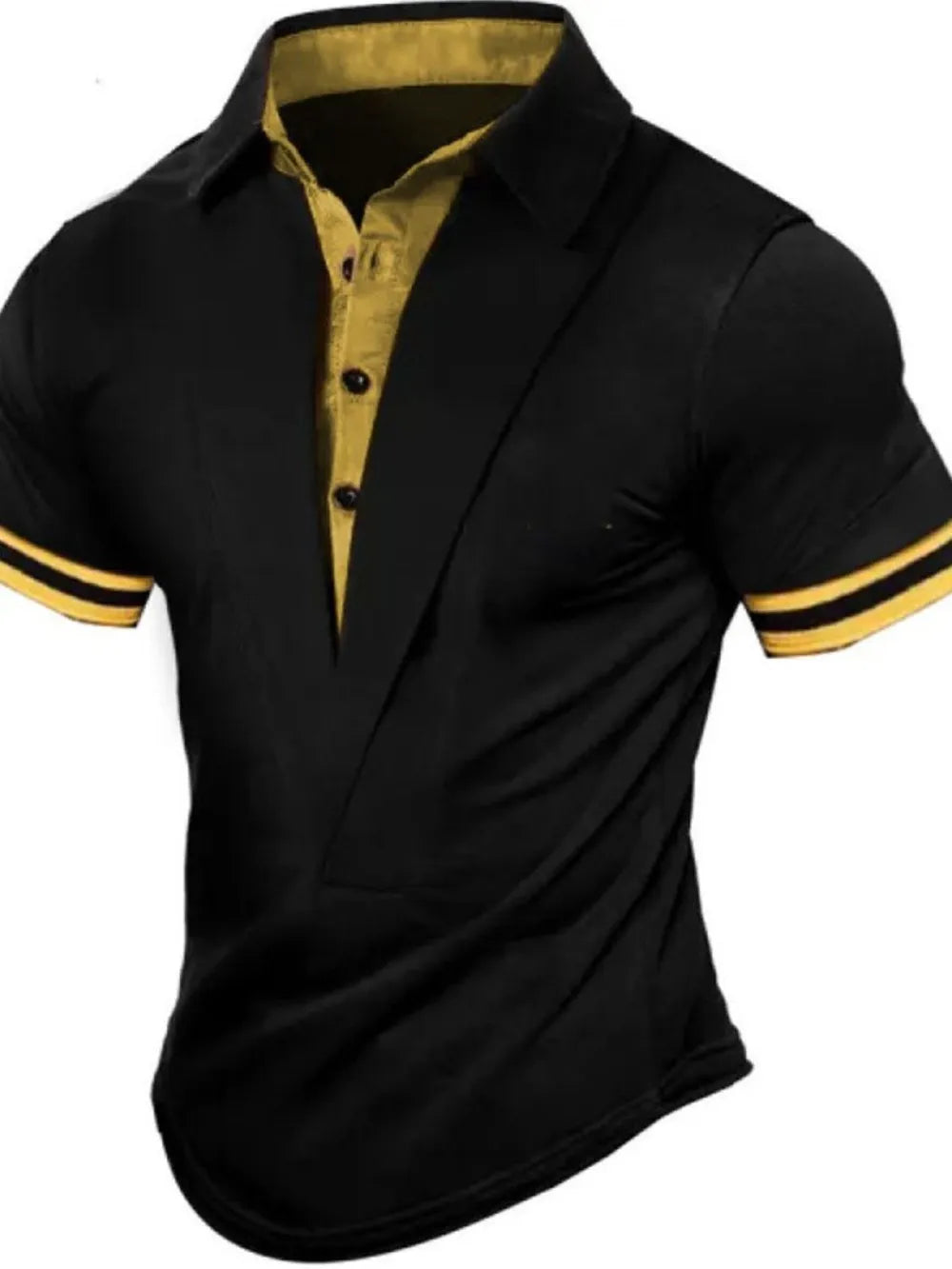 Black polo shirt with asymmetric lapel and gold trim on sleeves