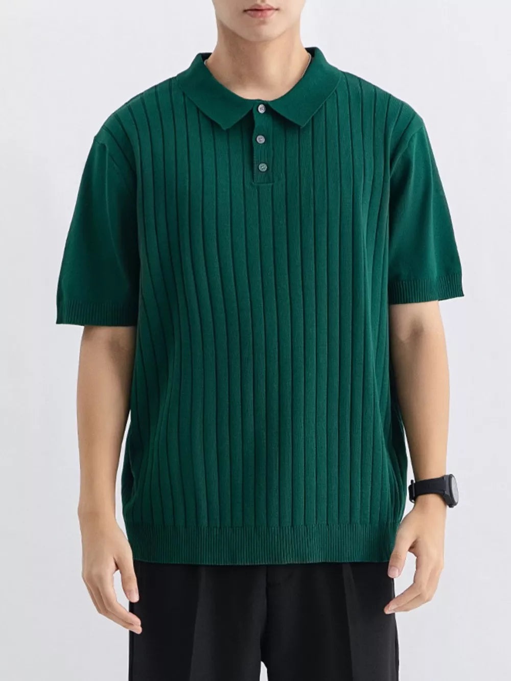 Wood green ribbed knit polo shirt for men, short sleeves, button neck, comfortable cotton blend.