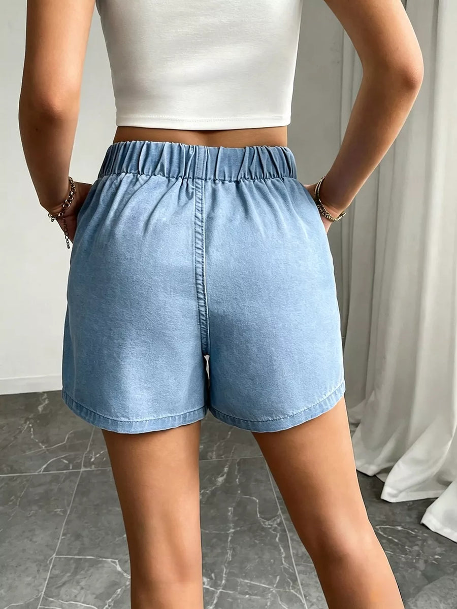 Light with Drawstring High Waist Denim Shorts in Light