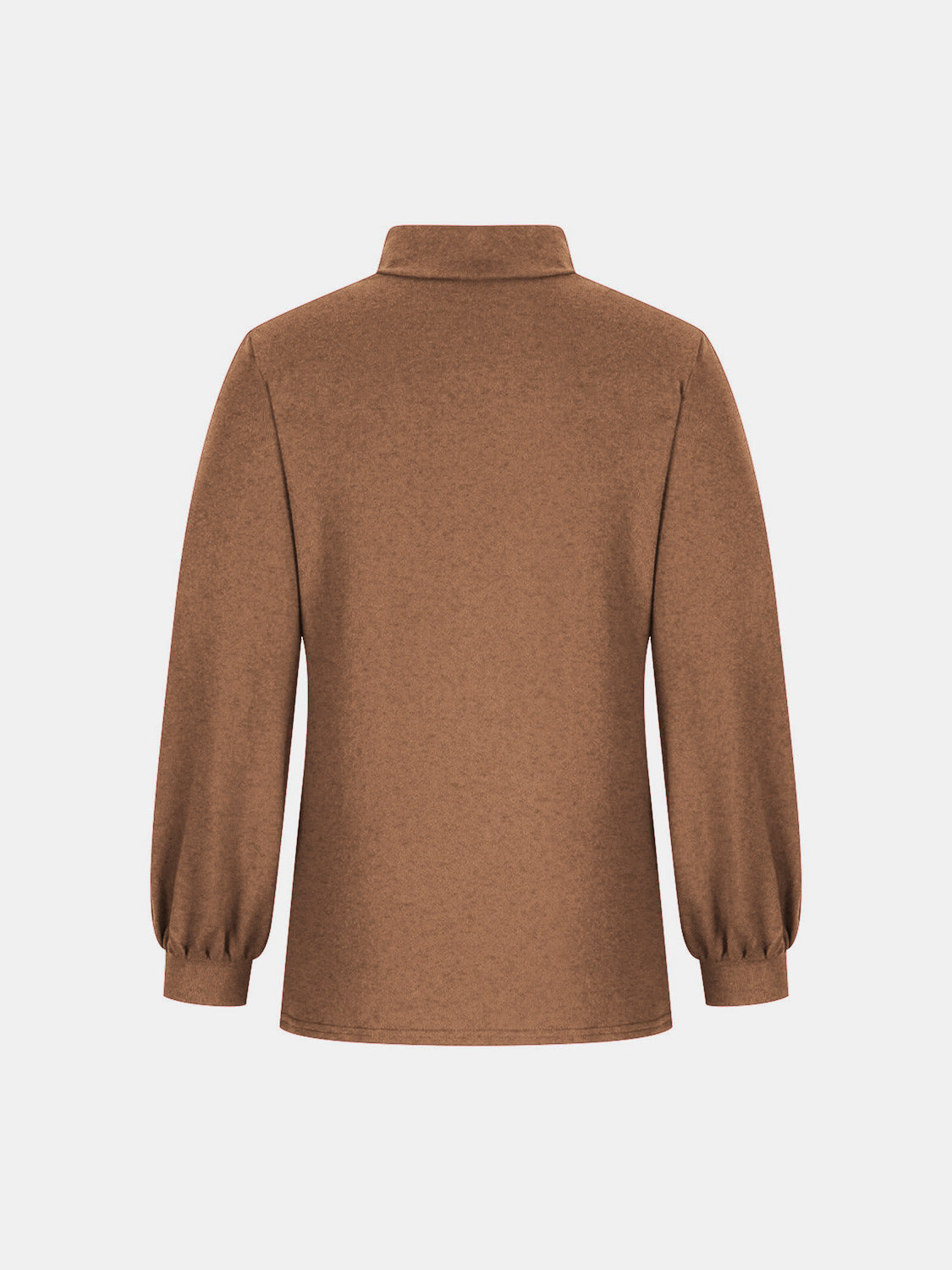 Camel button-back mock neck top with puff sleeves.