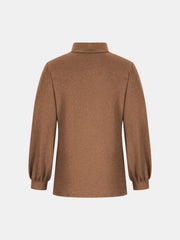 Camel button-back mock neck top with puff sleeves.