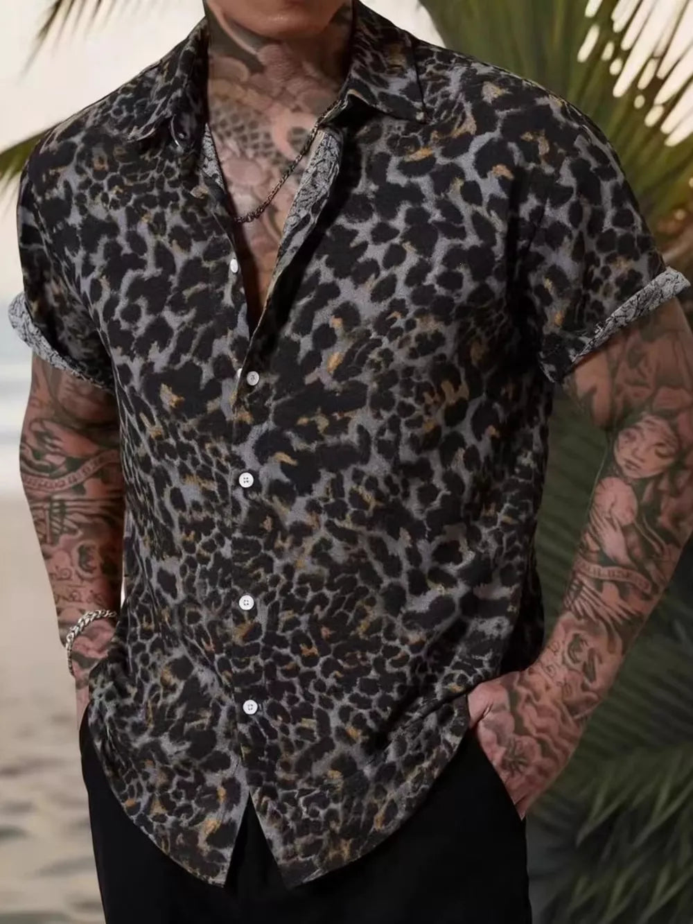 charcoal button-down shirt with leopard-print and collared