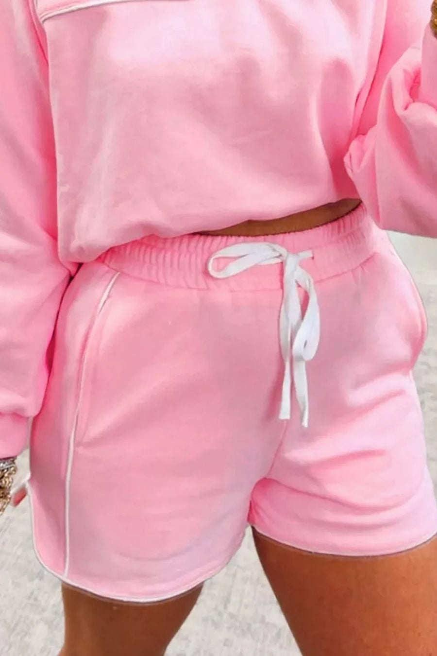 Piping Trim Long Sporty Pullover Shorts Set option 3