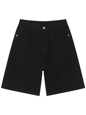 Black baggy denim bermuda shorts with button closure and washed effect.